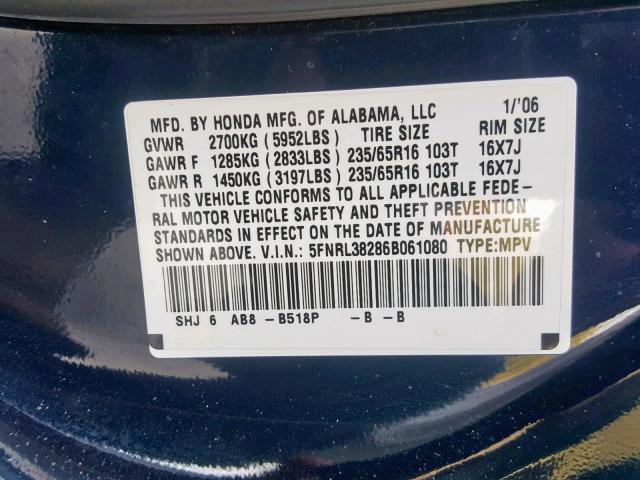 5FNRL38286B061080 - 2006 HONDA ODYSSEY LX BLUE photo 10