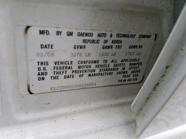 KL1TD666X8B226554 - 2008 CHEVROLET AVEO BASE თეთრი ფოტო 10