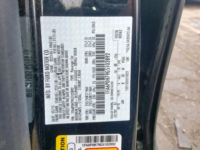 1FA6P0H79G5102892 - 2016 FORD FUSION SE BLACK photo 10