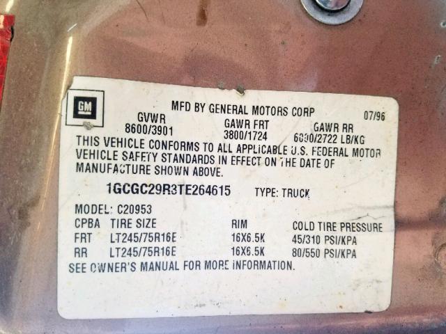 1GCGC29R3TE264615 - 1996 CHEVROLET GMT-400 C2 BROWN photo 10