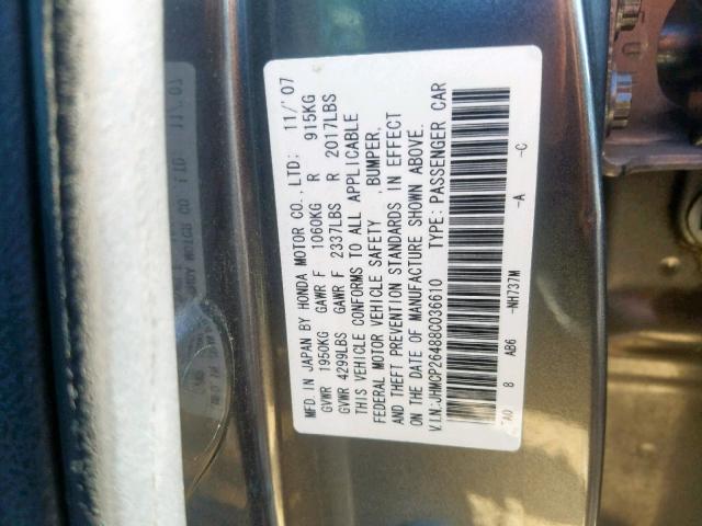 JHMCP26488C036610 - 2008 HONDA ACCORD LXP GRAY photo 10