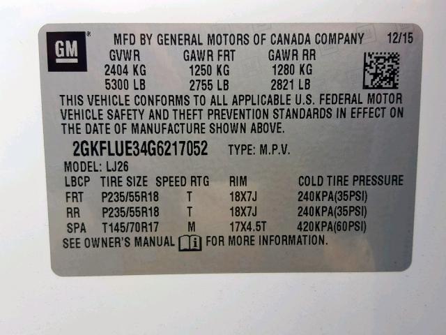 2GKFLUE34G6217052 - 2016 GMC TERRAIN SL WHITE photo 10