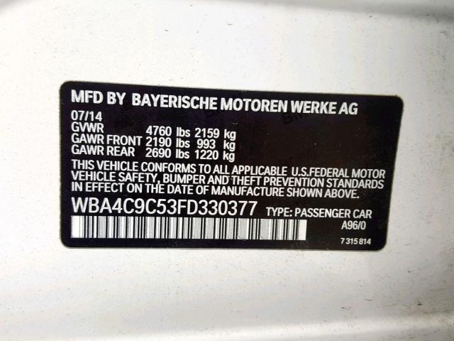 WBA4C9C53FD330377 - 2015 BMW 428 XI GRA WHITE photo 10