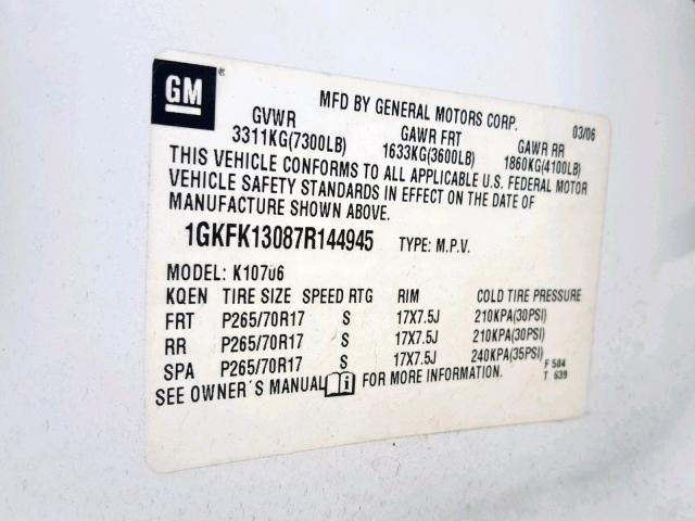 1GKFK13087R144945 - 2007 GMC YUKON WHITE photo 10