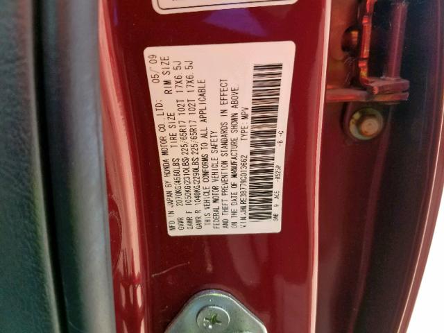 JHLRE38779C013662 - 2009 HONDA CR-V EXL MAROON photo 10