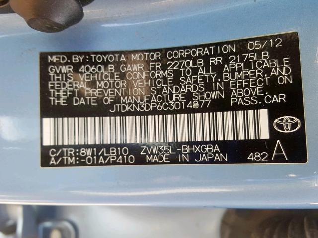 JTDKN3DP6C3014877 - 2012 TOYOTA PRIUS PLUG BLUE photo 10