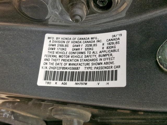 2HGFC2F89KH556687 - 2019 HONDA CIVIC SPOR GRAY photo 10