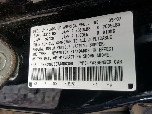 1HGCM66507A086388 - 2007 HONDA ACCORD EX BLACK photo 10