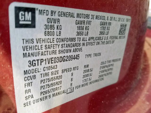 3GTP1VE03DG209445 - 2013 GMC SIERRA C15 MAROON photo 10