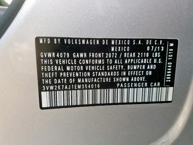 3VW2K7AJ1EM354016 - 2014 VOLKSWAGEN JETTA BASE 银色 照片 10