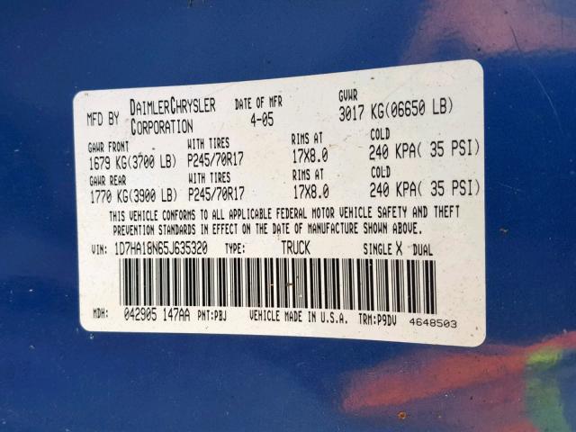 1D7HA18N65J635320 - 2005 DODGE RAM 1500 S BLUE photo 10