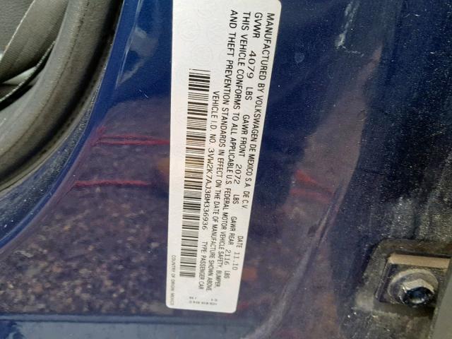 3VW2K7AJ3BM336936 - 2011 VOLKSWAGEN JETTA BASE 蓝色 照片 10