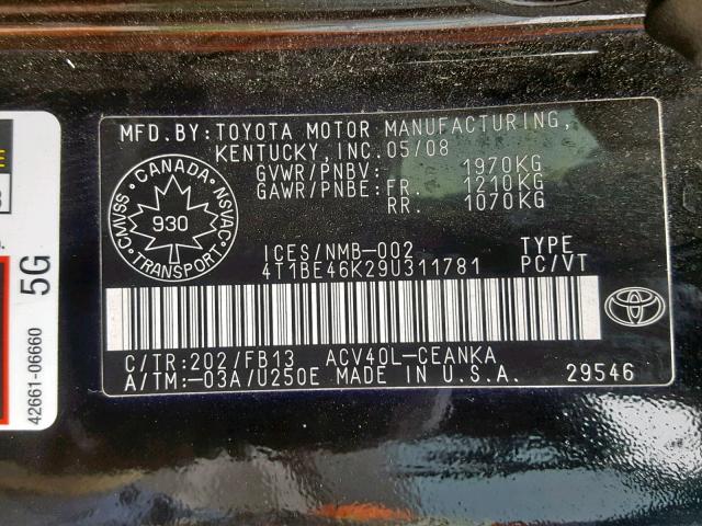 4T1BE46K29U311781 - 2009 TOYOTA CAMRY BASE BLACK photo 10