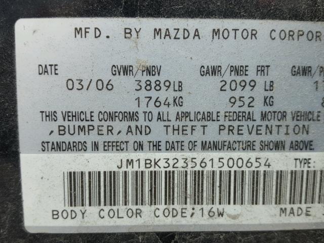 JM1BK323561500654 - 2006 MAZDA 3 S BLACK photo 10