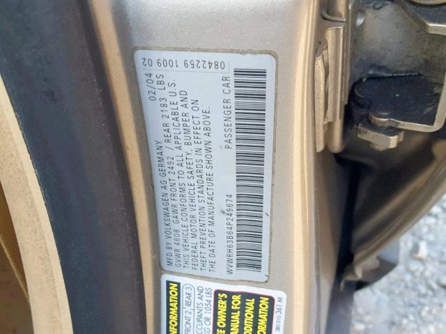 WVWRH63B64P249674 - 2004 VOLKSWAGEN PASSAT GLX TAN photo 10