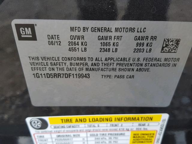 1G11D5RR7DF119943 - 2013 CHEVROLET MALIBU 1LT ნაცრისფერი ფოტო 10