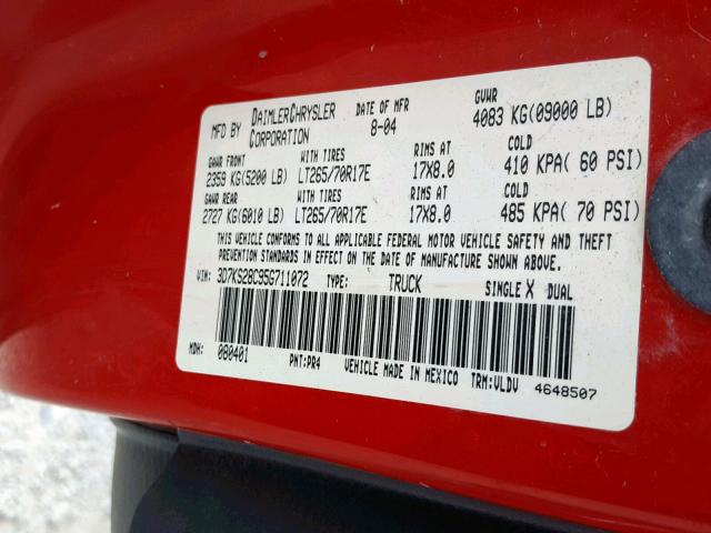 3D7KS28C95G711072 - 2005 DODGE RAM 2500 S წითელი ფოტო 10