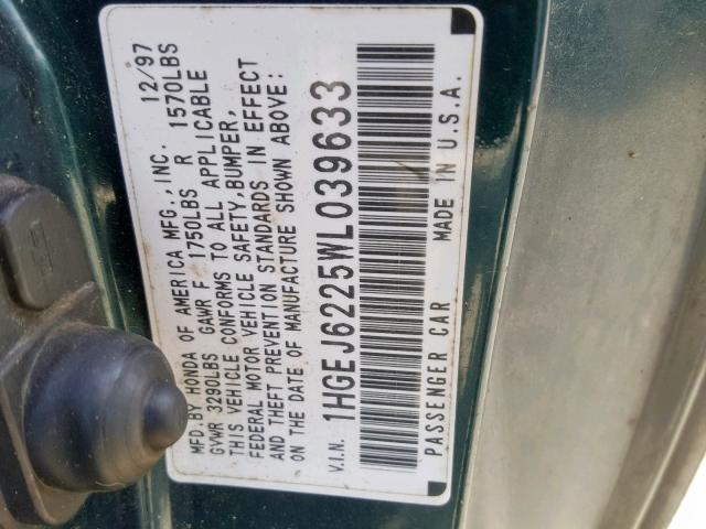 1HGEJ6225WL039633 - 1998 HONDA CIVIC DX GREEN photo 10