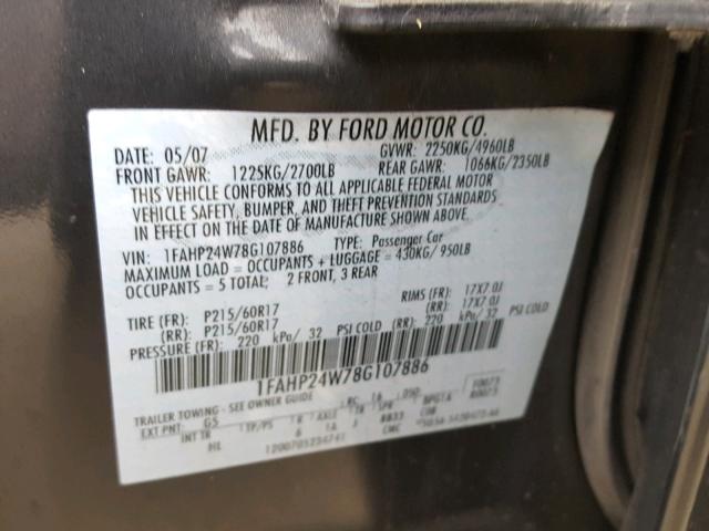 1FAHP24W78G107886 - 2008 FORD TAURUS SEL GRAY photo 10