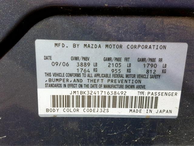 JM1BK324171638492 - 2007 MAZDA 3 S GRAY photo 10