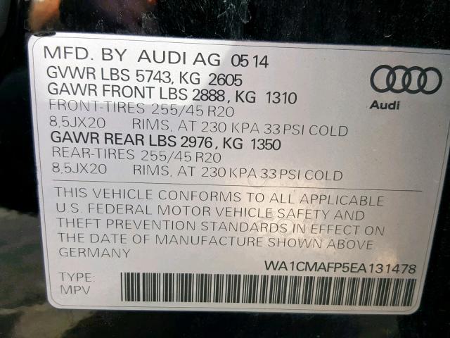 WA1CMAFP5EA131478 - 2014 AUDI Q5 TDI BLACK photo 10