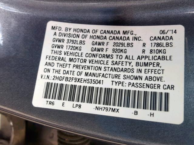 2HGFB2F9XEH535041 - 2014 HONDA CIVIC EXL 灰色 照片 10