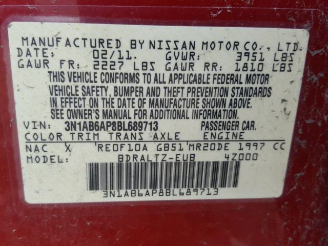 3N1AB6AP8BL689713 - 2011 NISSAN SENTRA 2.0 RED photo 10