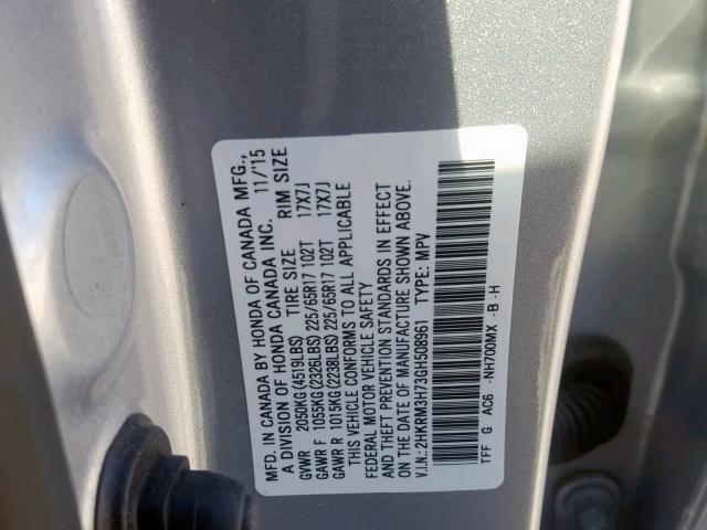 2HKRM3H73GH508961 - 2016 HONDA CR-V EXL SILVER photo 10