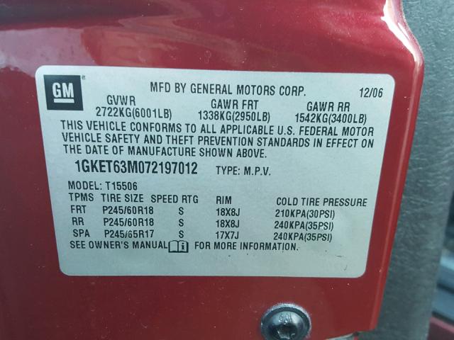 1GKET63M072197012 - 2007 GMC ENVOY DENA RED photo 10