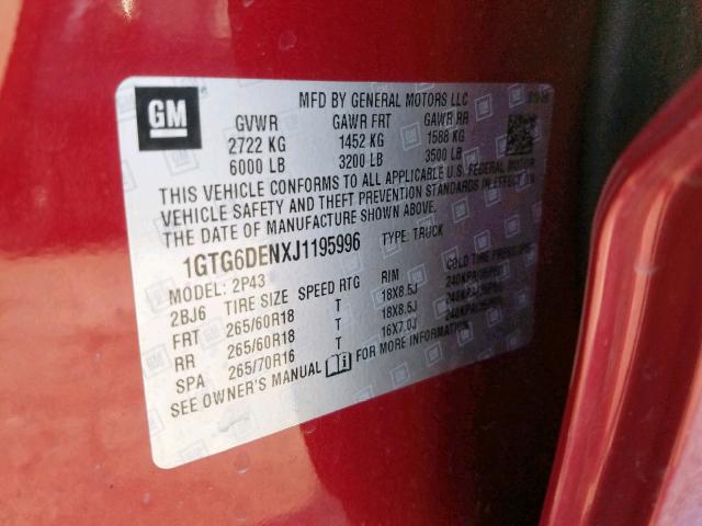 1GTG6DENXJ1195996 - 2018 GMC CANYON SLT RED photo 10