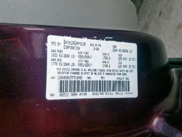 1D8HB58D25F516092 - 2005 DODGE DURANGO LI MAROON photo 10