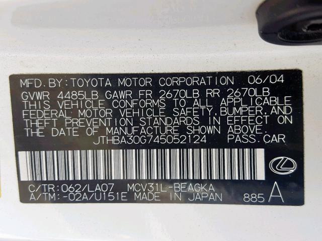 JTHBA30G745052124 - 2004 LEXUS ES 330 WHITE photo 10