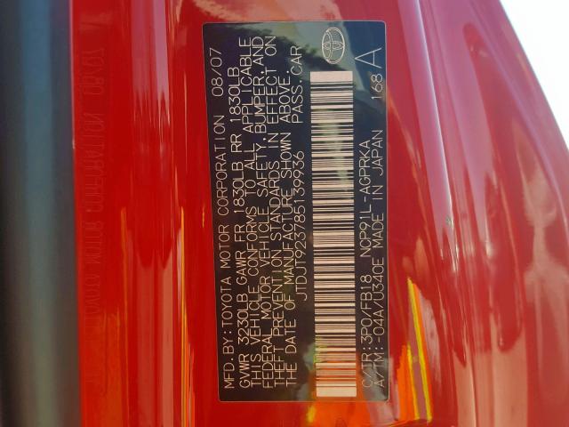 JTDJT923785139936 - 2008 TOYOTA YARIS RED photo 10