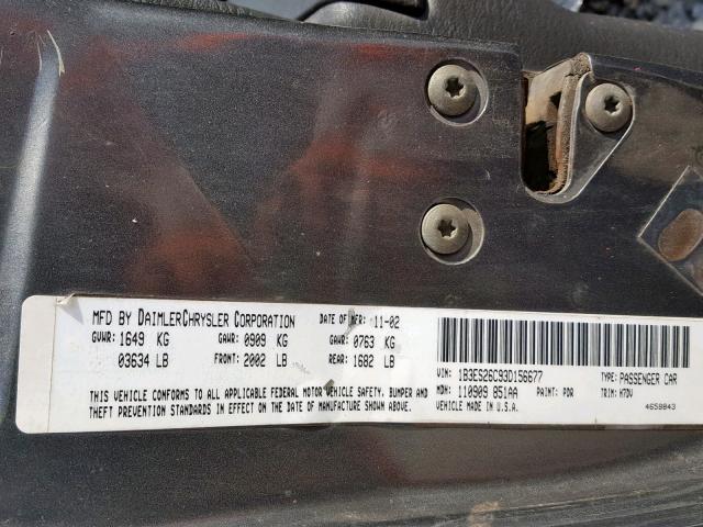 1B3ES26C93D156677 - 2003 DODGE NEON SE GRAY photo 10