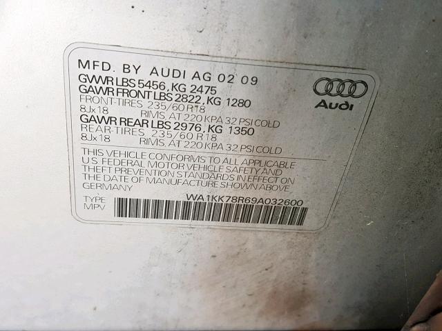 WA1KK78R69A032600 - 2009 AUDI Q5 3.2 SILVER photo 10