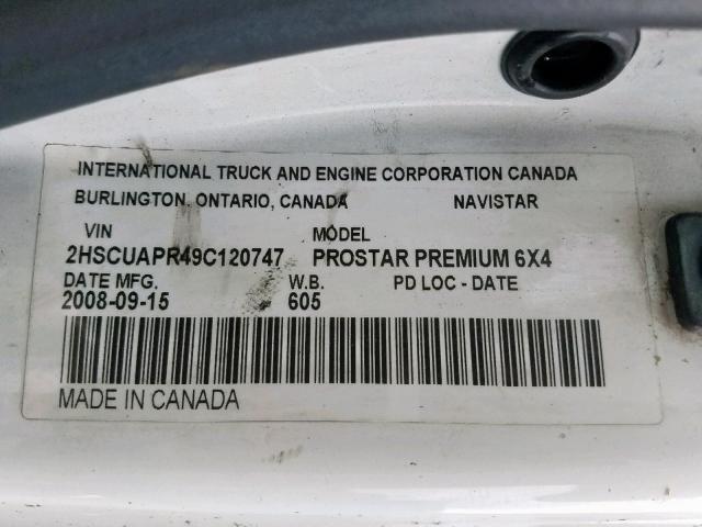 2HSCUAPR49C120747 - 2009 INTERNATIONAL PROSTAR PR WHITE photo 10