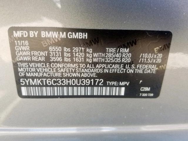 5YMKT6C33H0U39172 - 2017 BMW X5 M SILVER photo 10