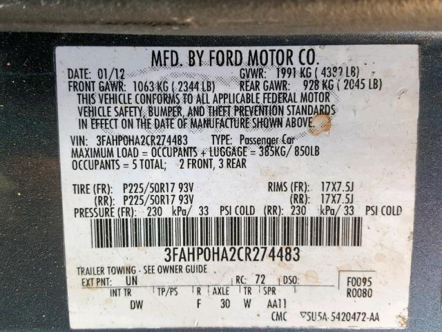 3FAHP0HA2CR274483 - 2012 FORD FUSION SE TEAL photo 10