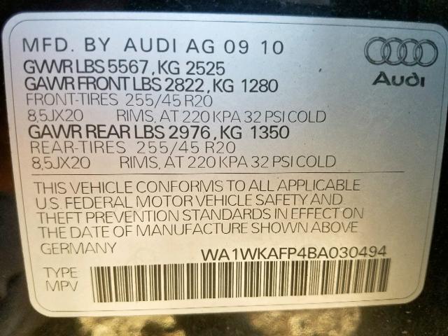 WA1WKAFP4BA030494 - 2011 AUDI Q5 PRESTIG BLACK photo 10