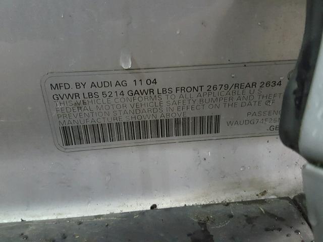 WAUDG74F25N070174 - 2005 AUDI A6 3.2 QUA SILVER photo 10