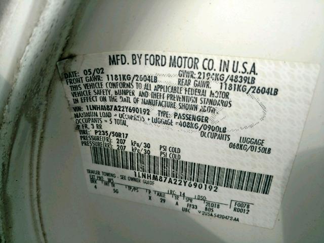 1LNHM87A22Y690192 - 2002 LINCOLN LS 白色 照片 10