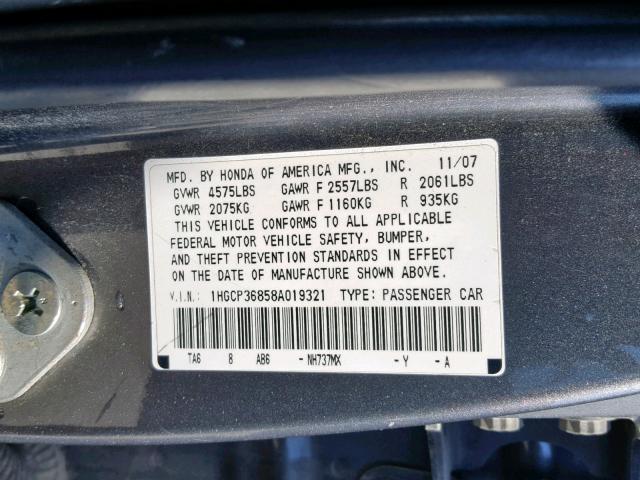 1HGCP36858A019321 - 2008 HONDA ACCORD EXL GRAY photo 10