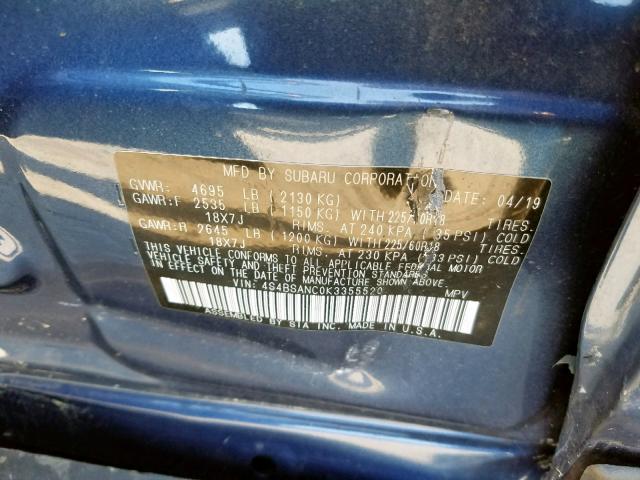 4S4BSANC0K3355520 - 2019 SUBARU OUTBACK 2. BLUE photo 10