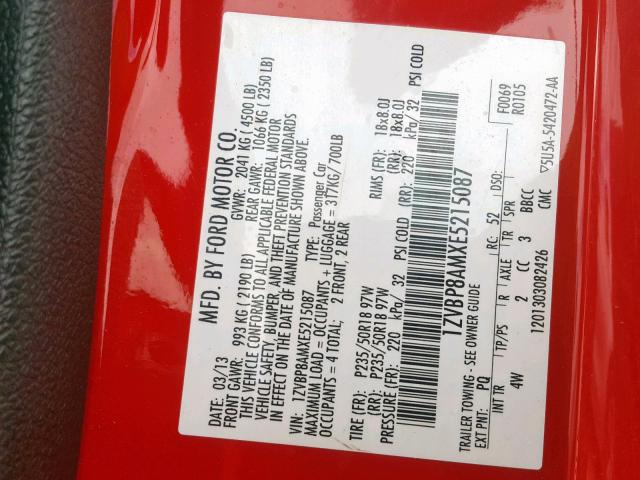 1ZVBP8AMXE5215087 - 2014 FORD MUSTANG RED photo 10
