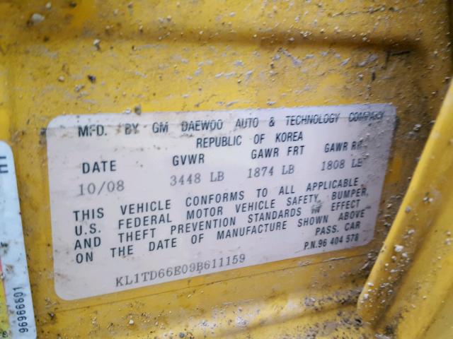 KL1TD66E09B611159 - 2009 CHEVROLET AVEO LS YELLOW photo 10