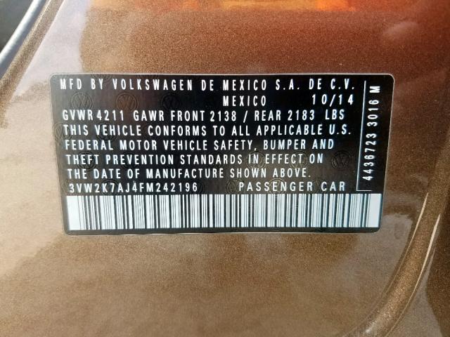 3VW2K7AJ4FM242196 - 2015 VOLKSWAGEN JETTA BASE 棕色 照片 10