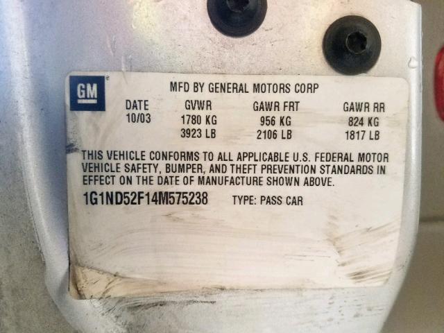 1G1ND52F14M575238 - 2004 CHEVROLET CLASSIC SILVER photo 10