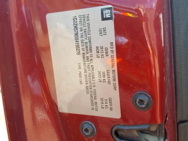 1G2ZH57N584195276 - 2008 PONTIAC G6 GT RED photo 10