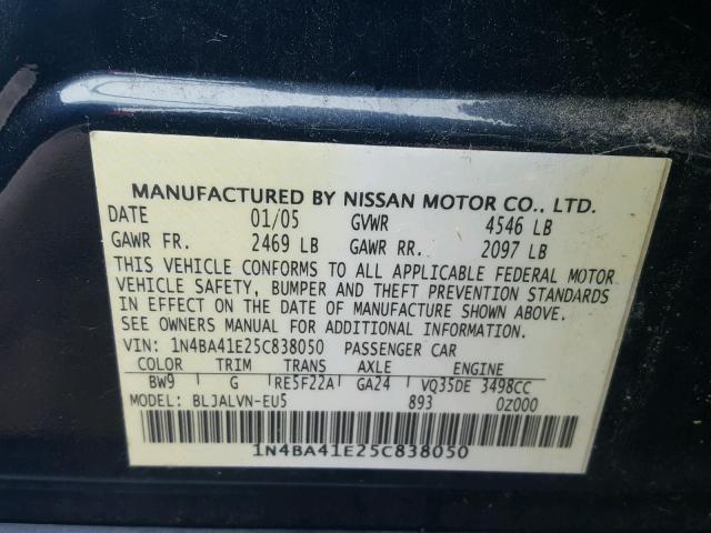 1N4BA41E25C838050 - 2005 NISSAN MAXIMA SE BLUE photo 10