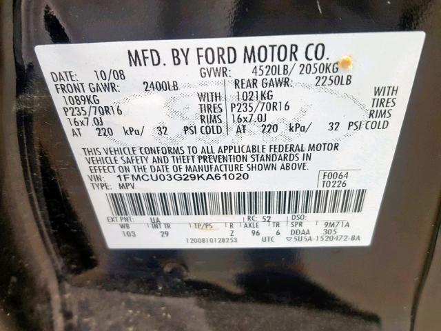 1FMCU03G29KA61020 - 2009 FORD ESCAPE XLT BLACK photo 10